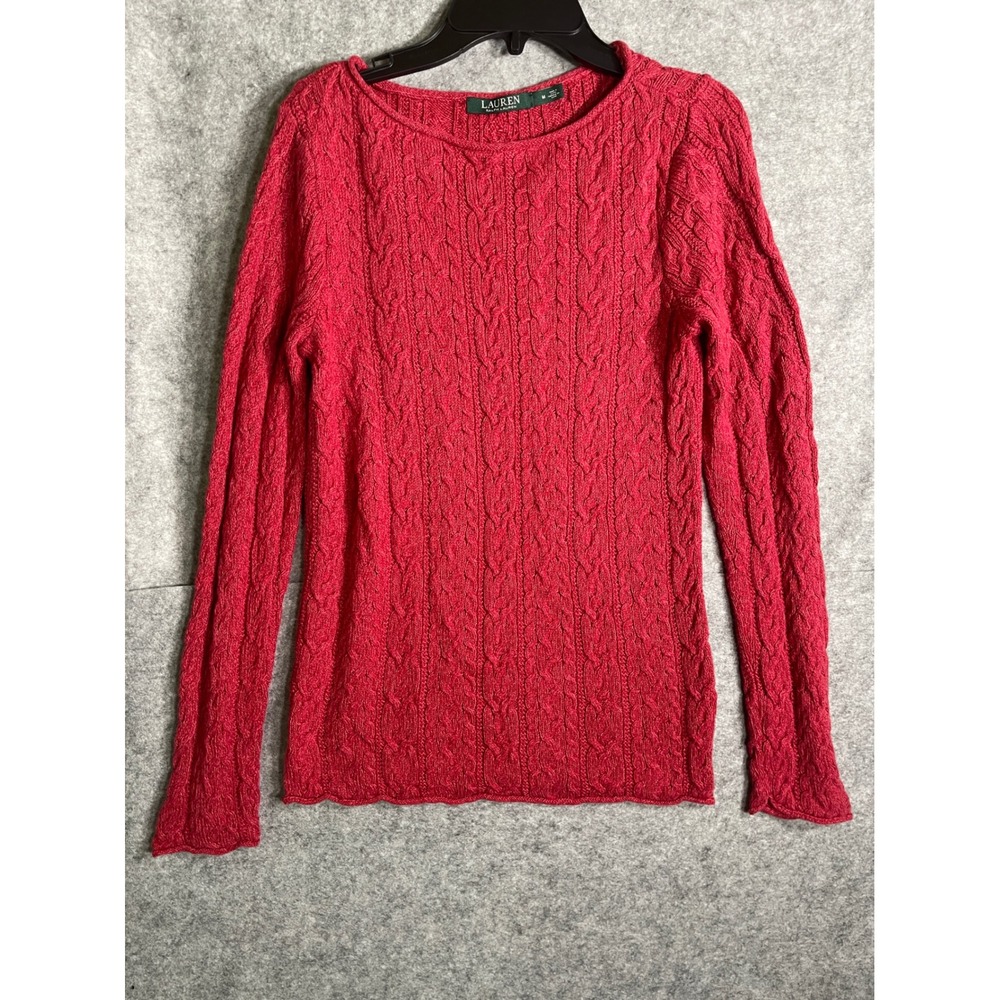 Lauren Ralph Lauren Red Cable Knit Cotton Boat Neck Sweater Womens‎ Medium